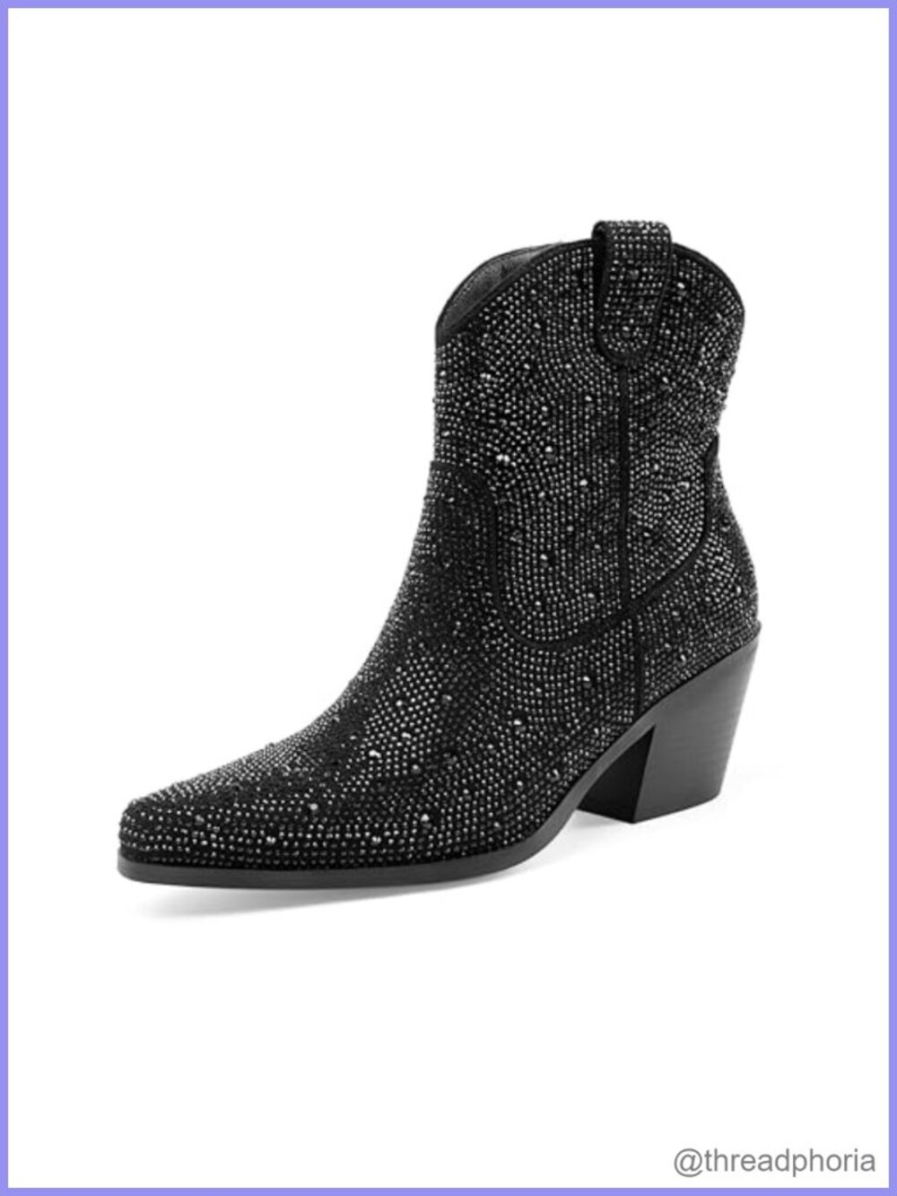Rhinestone Western Ankle Boots Pointed Toe Block Heel Zip Cowgirl Booties